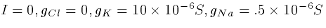 $I=0,g_{Cl}=0,g_K=10\times10^{-6}S, g_{Na}=.5\times10^{-6}S$