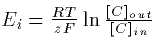 $E_i = \frac{RT}{zF} \ln
\frac{[C]_{out}}{[C]_{in}} $