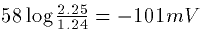 $58 \log \frac{2.25}{1.24} = -101mV$