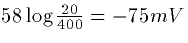 $58 \log \frac{20}{400} = -75mV$