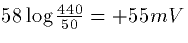 $58 \log \frac{440}{50} = +55mV$