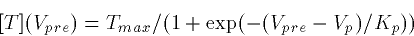 \begin{displaymath}[T]
(V_{pre}) = T_{max}/(1+\exp(-(V_{pre}-V_p)/K_p))\end{displaymath}